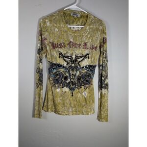 Spy‎ Zone Exchange Long Sleeve Tee Top  Rhinestones Scoop Neck Size S